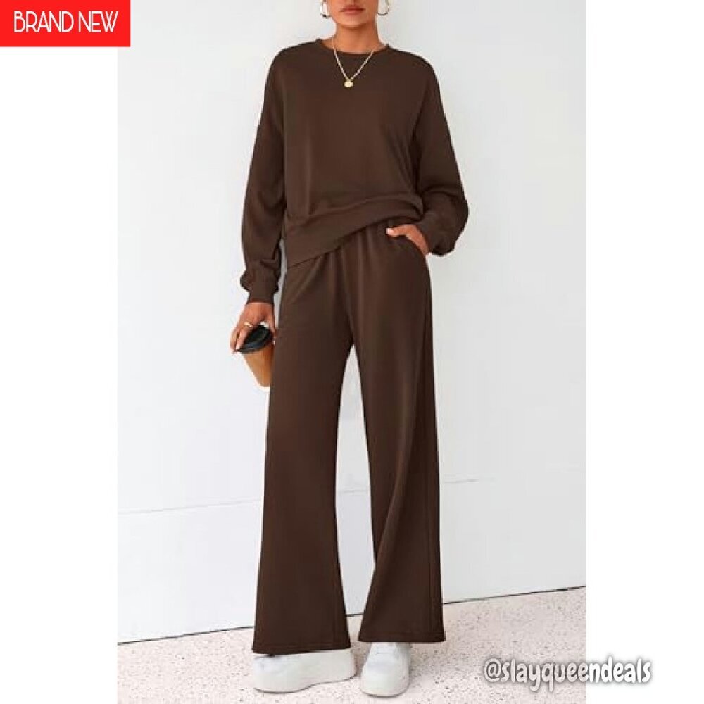 Cozy 2-Piece Sweatsuit Set, Crewneck Sweatshirt & Wide Leg Sweatpants - Picture 4 of 8